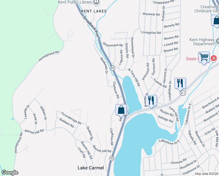 map of restaurants, bars, coffee shops, grocery stores, and more near 107 Clarkson Road in Carmel Hamlet