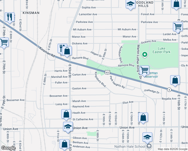 map of restaurants, bars, coffee shops, grocery stores, and more near 9617 Carton Avenue in Cleveland
