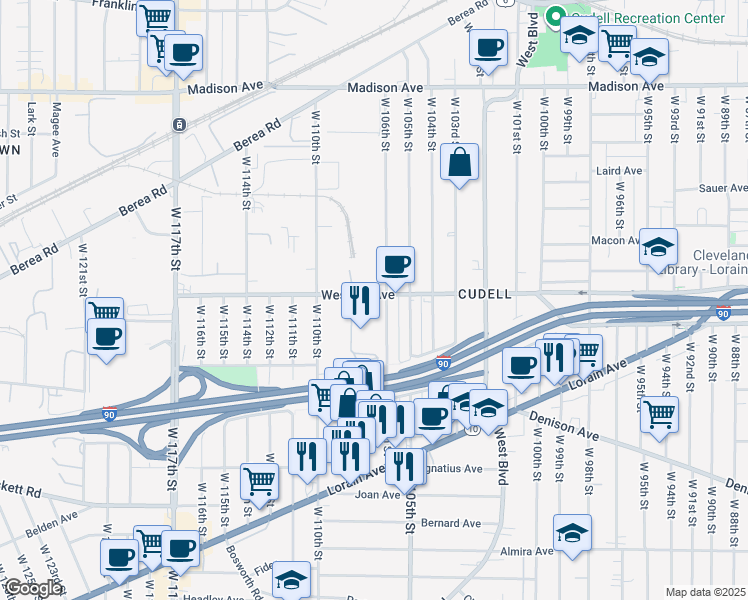 map of restaurants, bars, coffee shops, grocery stores, and more near 3068 West 106th Street in Cleveland