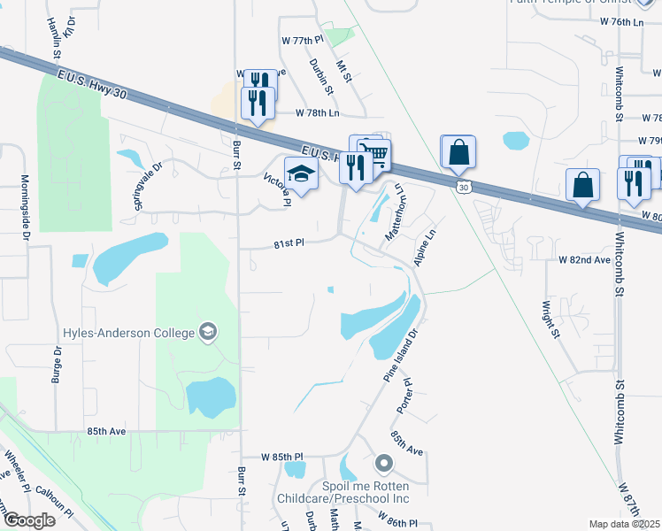 map of restaurants, bars, coffee shops, grocery stores, and more near 8184 Mount Court in Crown Point