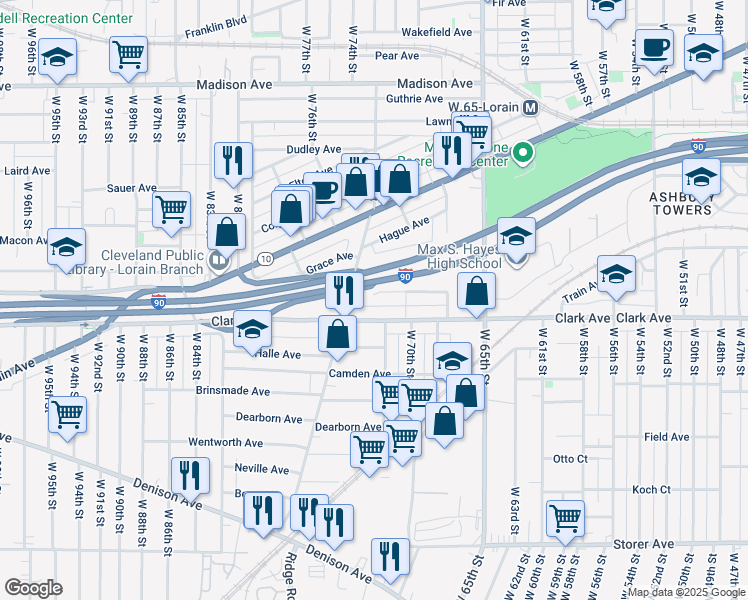 map of restaurants, bars, coffee shops, grocery stores, and more near 73 West Boulevard in Cleveland