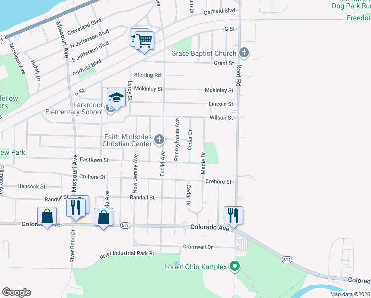 map of restaurants, bars, coffee shops, grocery stores, and more near 1311 Pennsylvania Avenue in Lorain