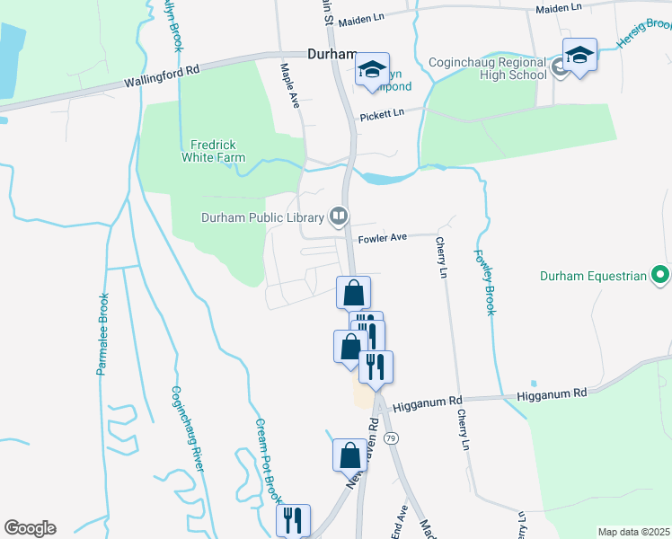 map of restaurants, bars, coffee shops, grocery stores, and more near 38 Town House Road in Durham