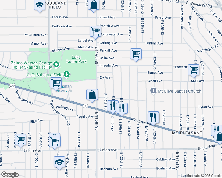 map of restaurants, bars, coffee shops, grocery stores, and more near 3239 East 117th Street in Cleveland