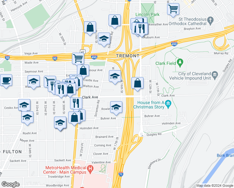 map of restaurants, bars, coffee shops, grocery stores, and more near 1616 Clark Avenue in Cleveland