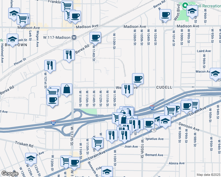 map of restaurants, bars, coffee shops, grocery stores, and more near 11011 Western Avenue in Cleveland