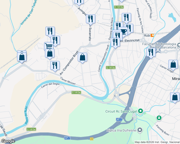map of restaurants, bars, coffee shops, grocery stores, and more near 6 Passatge Bach in Barcelona