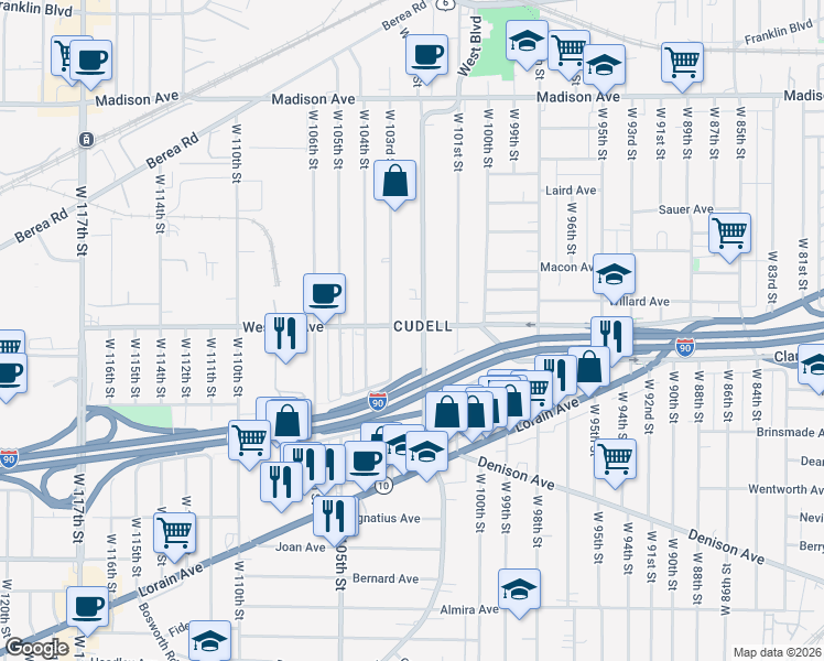 map of restaurants, bars, coffee shops, grocery stores, and more near 2238 West Boulevard in Cleveland