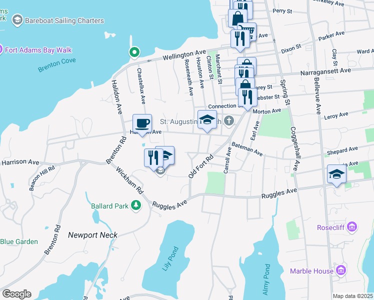 map of restaurants, bars, coffee shops, grocery stores, and more near 49B Palmer St in Newport