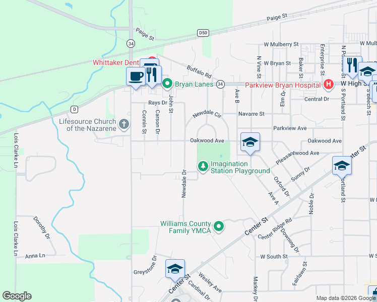 map of restaurants, bars, coffee shops, grocery stores, and more near 1101 Oakwood Avenue in Bryan