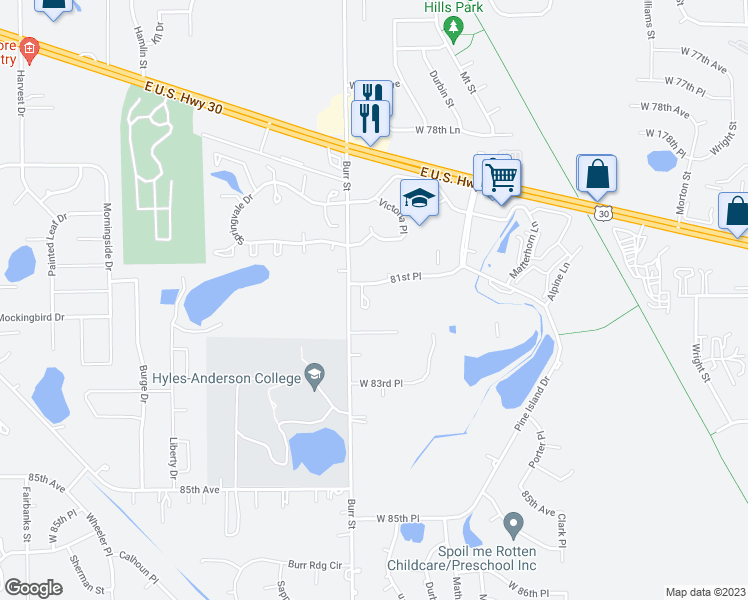 map of restaurants, bars, coffee shops, grocery stores, and more near 8163 Ralston Court in Crown Point