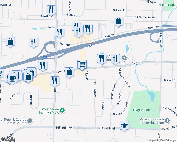 map of restaurants, bars, coffee shops, grocery stores, and more near 1453 Allen Drive in Westlake