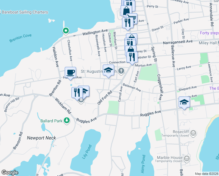 map of restaurants, bars, coffee shops, grocery stores, and more near in Newport