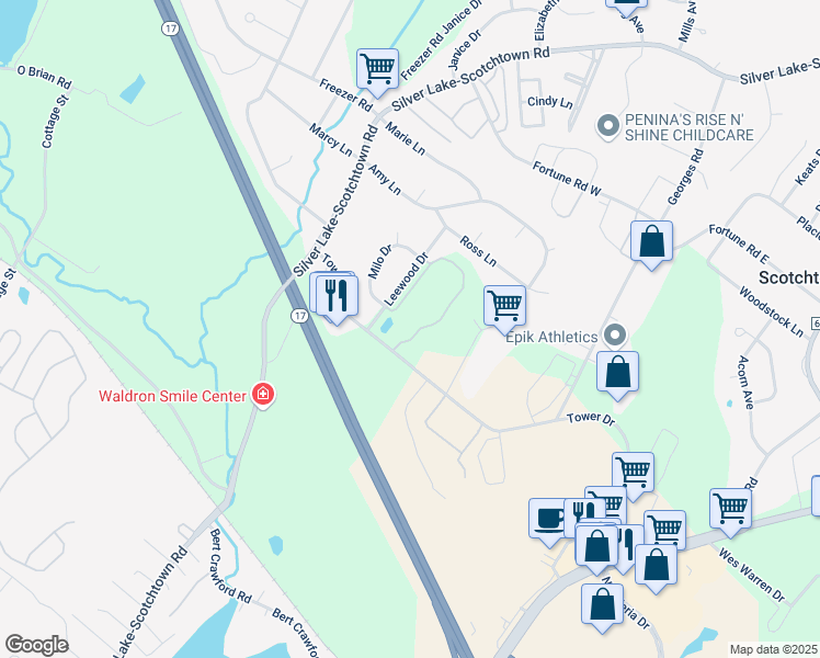 map of restaurants, bars, coffee shops, grocery stores, and more near 100 Tower Ridge Circle in Scotchtown