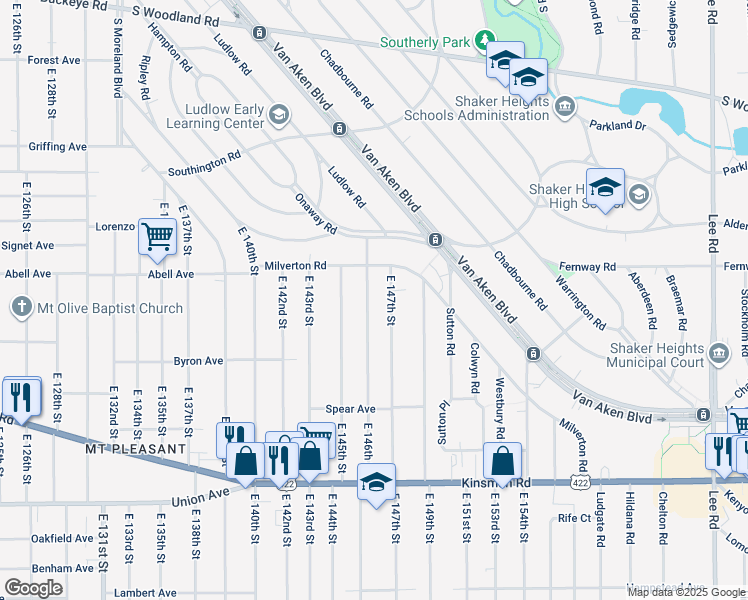 map of restaurants, bars, coffee shops, grocery stores, and more near 3272 East 147th Street in Cleveland