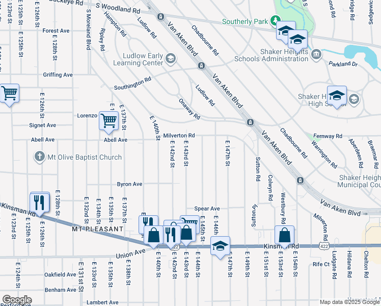 map of restaurants, bars, coffee shops, grocery stores, and more near 3277 East 143rd Street in Cleveland
