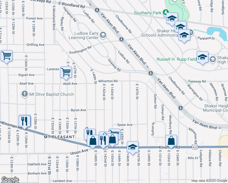 map of restaurants, bars, coffee shops, grocery stores, and more near 3277 East 143rd Street in Cleveland