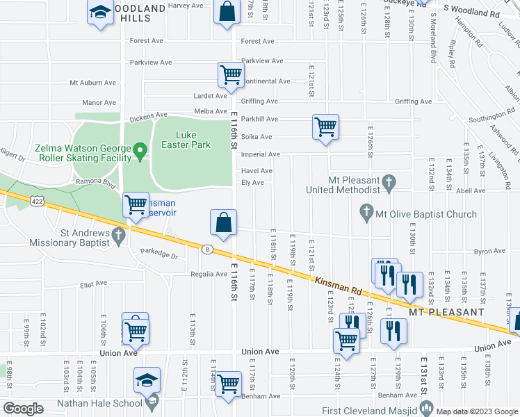map of restaurants, bars, coffee shops, grocery stores, and more near 3239 East 117th Street in Cleveland