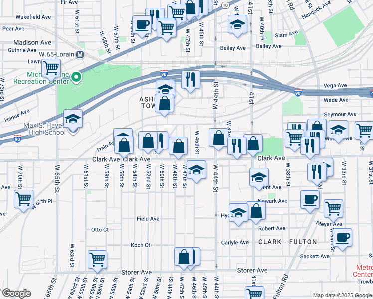 map of restaurants, bars, coffee shops, grocery stores, and more near 3062 West 46th Street in Cleveland