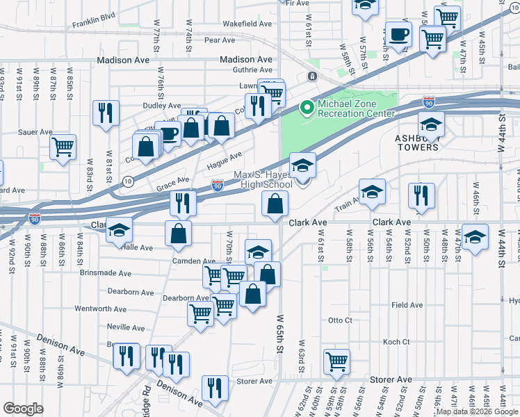 map of restaurants, bars, coffee shops, grocery stores, and more near 6701 Hope Avenue in Cleveland