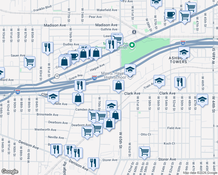 map of restaurants, bars, coffee shops, grocery stores, and more near 6701 Hope Avenue in Cleveland