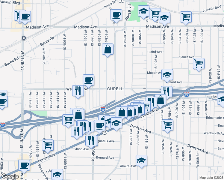 map of restaurants, bars, coffee shops, grocery stores, and more near 2238 West Boulevard in Cleveland
