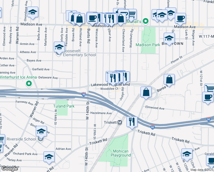 map of restaurants, bars, coffee shops, grocery stores, and more near 2231 Wyandotte Avenue in Lakewood