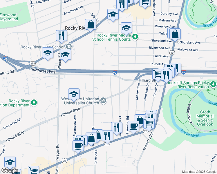 map of restaurants, bars, coffee shops, grocery stores, and more near 2311 Westmoor Road in Rocky River