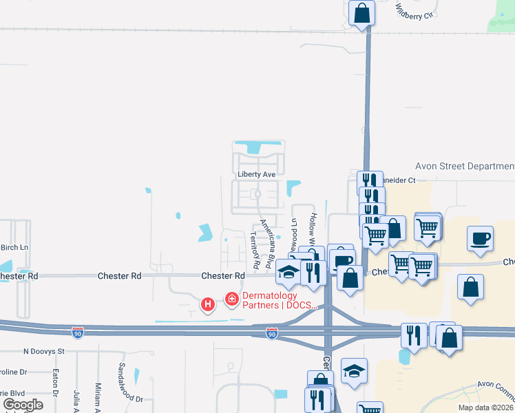 map of restaurants, bars, coffee shops, grocery stores, and more near Highway 2 in Avon