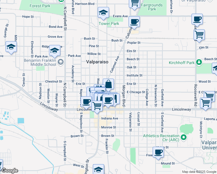 map of restaurants, bars, coffee shops, grocery stores, and more near 207 Franklin Street in Valparaiso