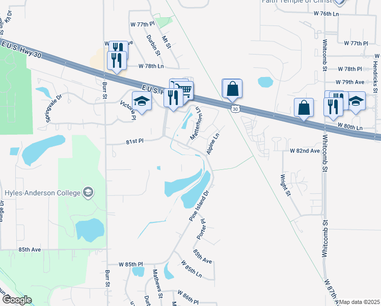 map of restaurants, bars, coffee shops, grocery stores, and more near 8145 Pine Island Terrace in Crown Point