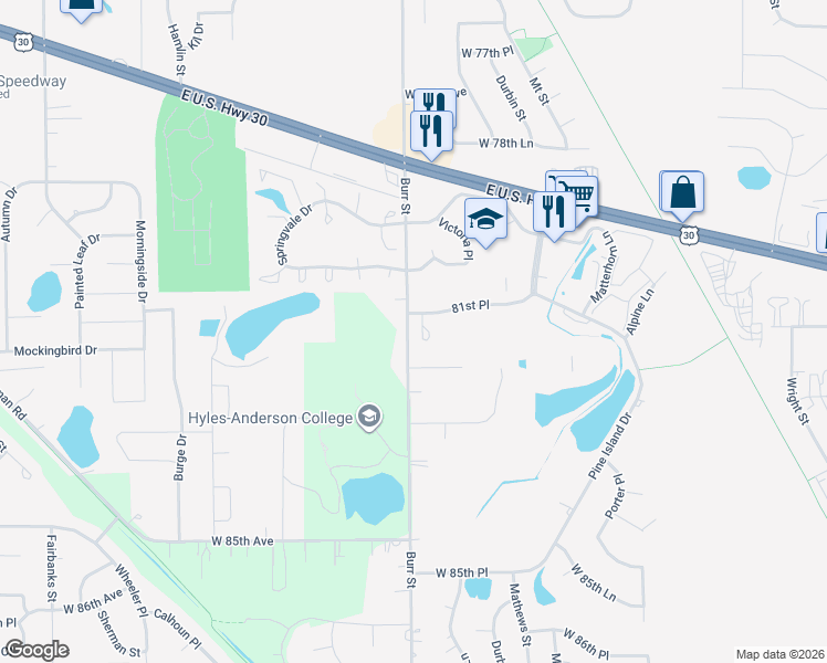 map of restaurants, bars, coffee shops, grocery stores, and more near 8149 Ralston Court in Crown Point