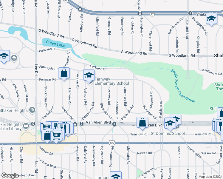 map of restaurants, bars, coffee shops, grocery stores, and more near 3285 Grenway Road in Shaker Heights