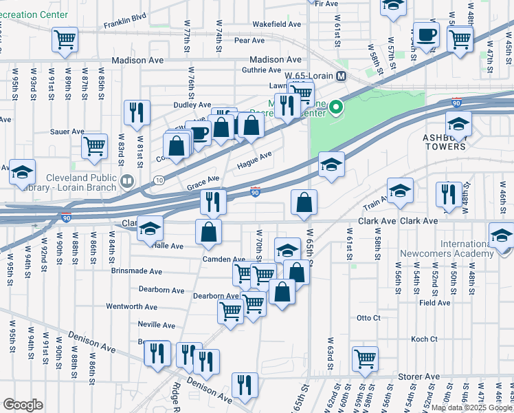 map of restaurants, bars, coffee shops, grocery stores, and more near 6911 Hope Avenue in Cleveland