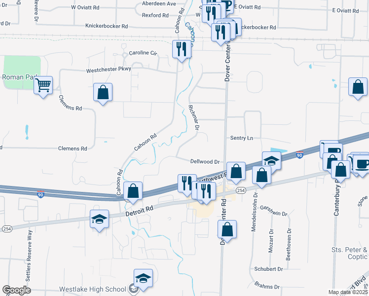 map of restaurants, bars, coffee shops, grocery stores, and more near 1164 Richmar Drive in Westlake