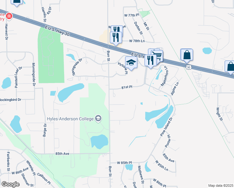map of restaurants, bars, coffee shops, grocery stores, and more near 8149 Ralston Court in Crown Point