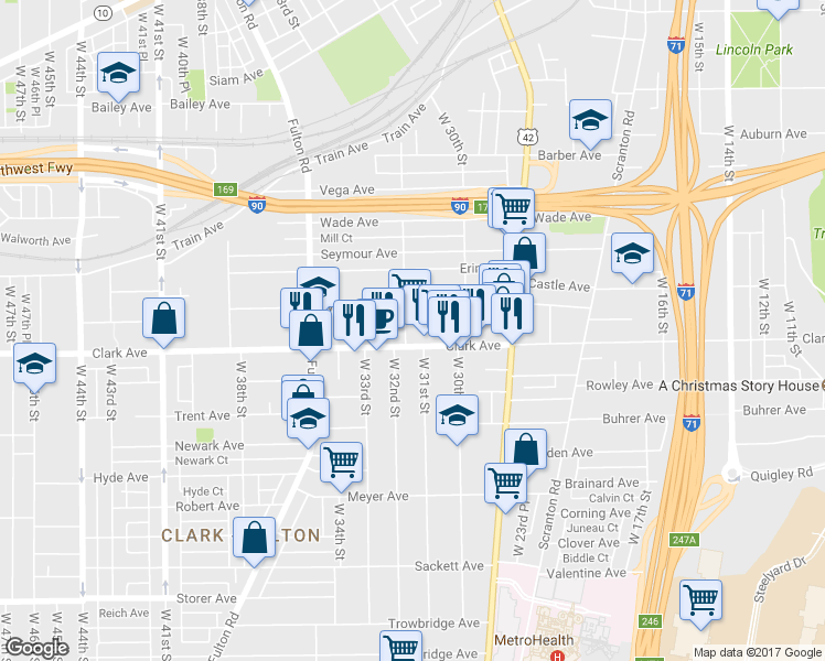 map of restaurants, bars, coffee shops, grocery stores, and more near 3114 Clark Ave in Cleveland