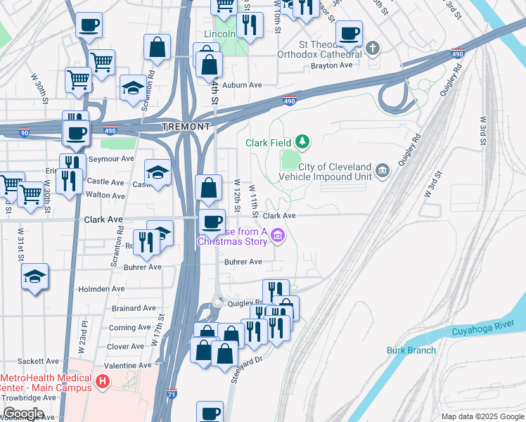 map of restaurants, bars, coffee shops, grocery stores, and more near 1012 Clark Avenue in Cleveland