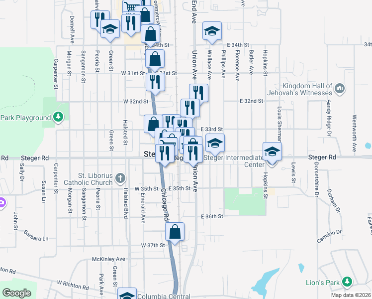 map of restaurants, bars, coffee shops, grocery stores, and more near 14 East 33rd Place in Steger