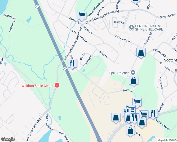 map of restaurants, bars, coffee shops, grocery stores, and more near 100 Tower Ridge Circle in Scotchtown