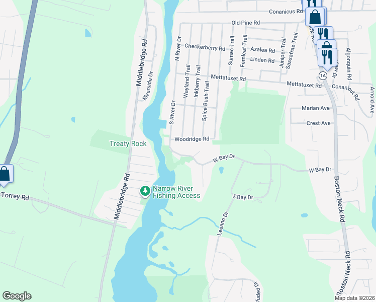 map of restaurants, bars, coffee shops, grocery stores, and more near 127 West Bay Drive in Narragansett
