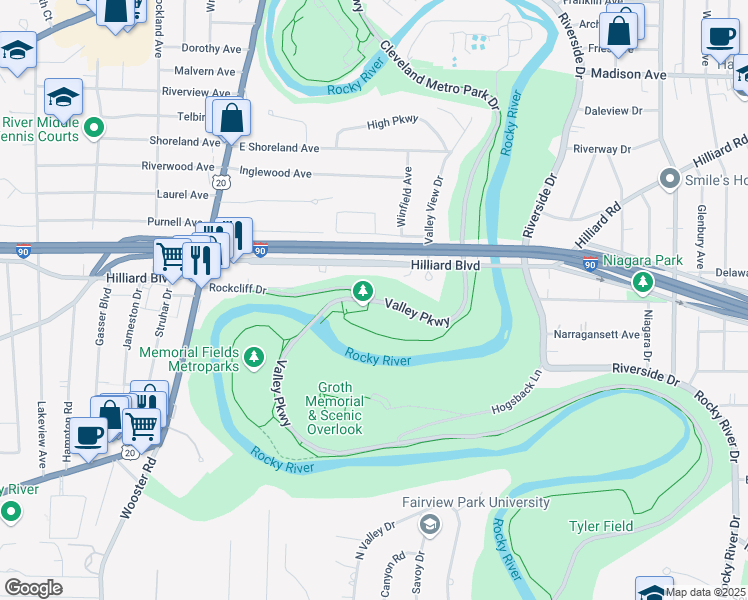 map of restaurants, bars, coffee shops, grocery stores, and more near 18833 Rockcliff Drive in Rocky River