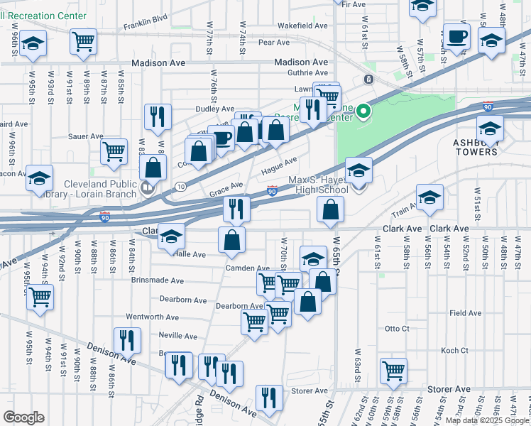 map of restaurants, bars, coffee shops, grocery stores, and more near 7109 Hope Avenue in Cleveland