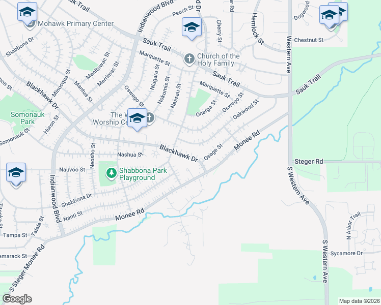 map of restaurants, bars, coffee shops, grocery stores, and more near 70 Blackhawk Drive in Park Forest