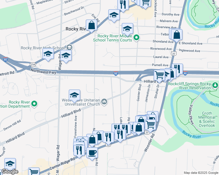 map of restaurants, bars, coffee shops, grocery stores, and more near 2311 Westmoor Road in Rocky River