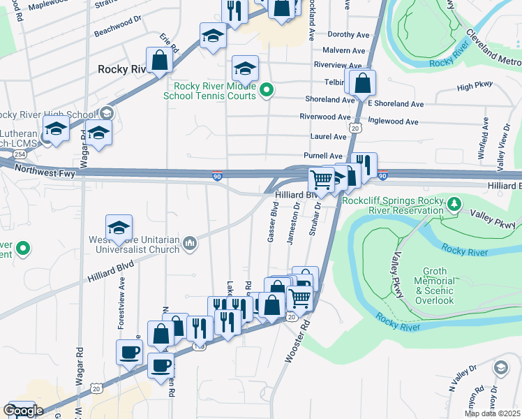 map of restaurants, bars, coffee shops, grocery stores, and more near 19779 Hilliard Boulevard in Rocky River