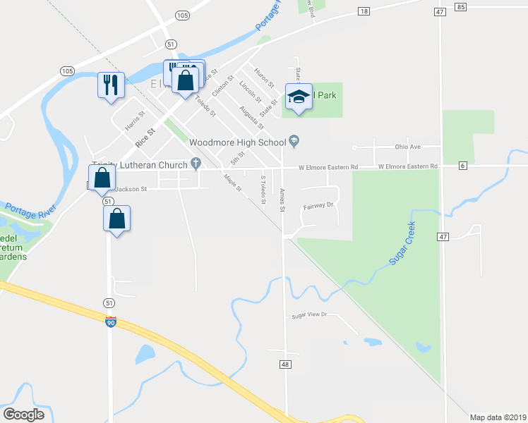 map of restaurants, bars, coffee shops, grocery stores, and more near 957 South Toledo Street in Elmore