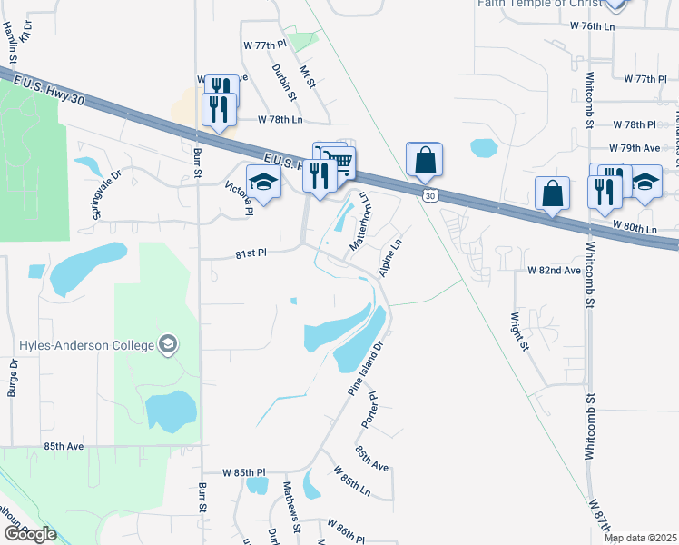 map of restaurants, bars, coffee shops, grocery stores, and more near 8145 Pine Island Terrace in Crown Point