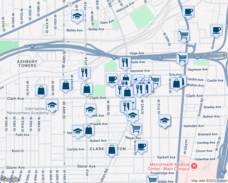 map of restaurants, bars, coffee shops, grocery stores, and more near 3619 Walton Avenue in Cleveland