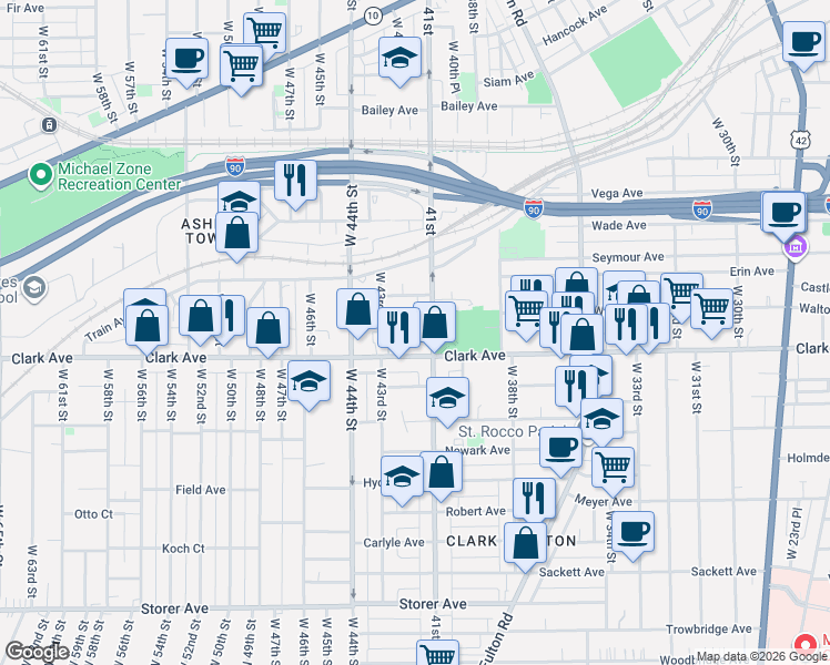 map of restaurants, bars, coffee shops, grocery stores, and more near 4119 Howlett Avenue in Cleveland